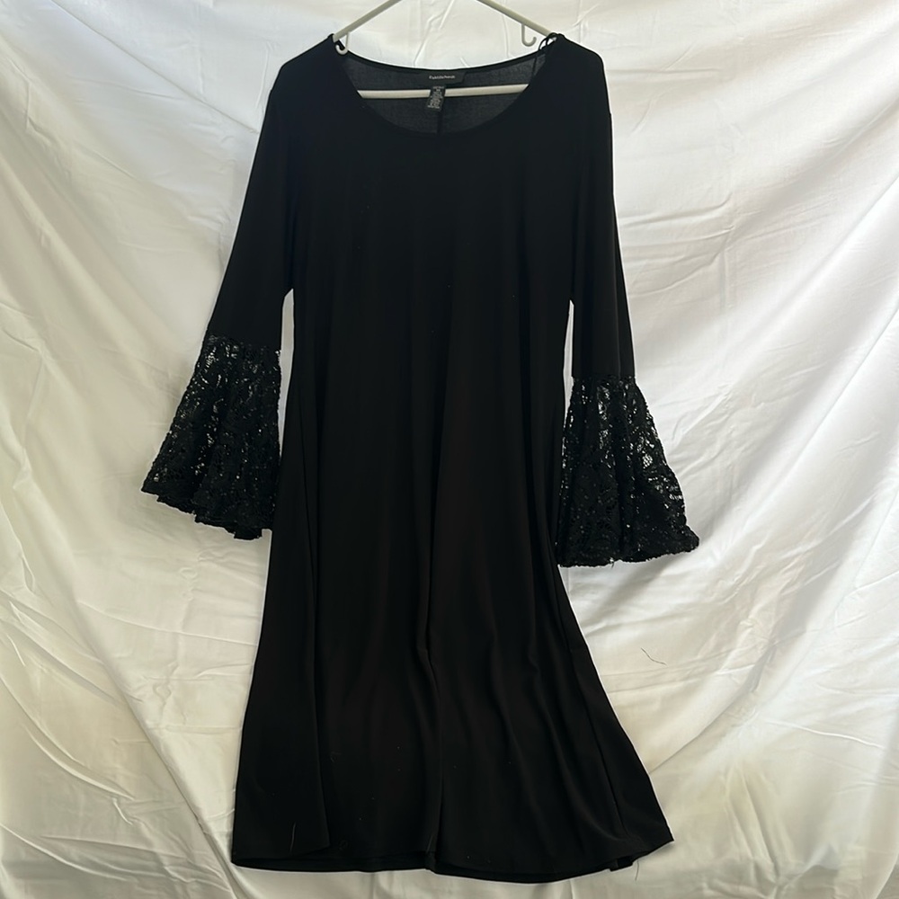 Black cocktail dress with sequined, lace bell sleeves - Size 14